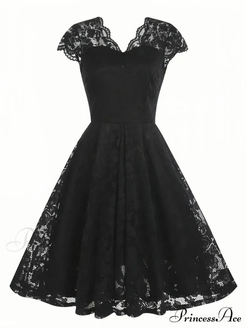 Black V Neck Cap Sleeve A Line Dress For Parties S / Black Lace Party Dress