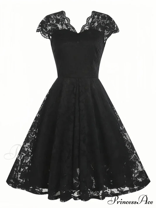 Black V Neck Cap Sleeve A Line Dress For Parties S / Black Lace Party Dress