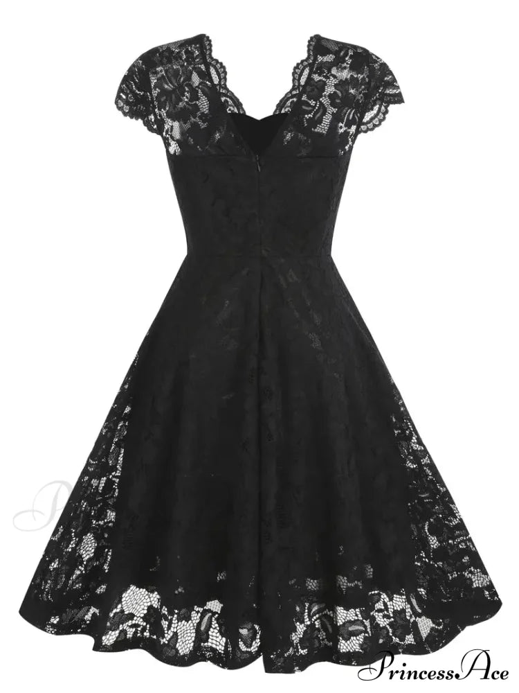 Black V Neck Cap Sleeve A Line Dress For Parties S / Burgundy Black Lace Party Dress
