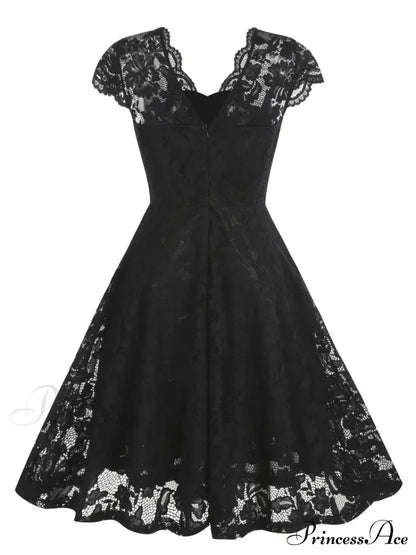 Black V Neck Cap Sleeve A Line Dress For Parties S / Burgundy Black Lace Party Dress