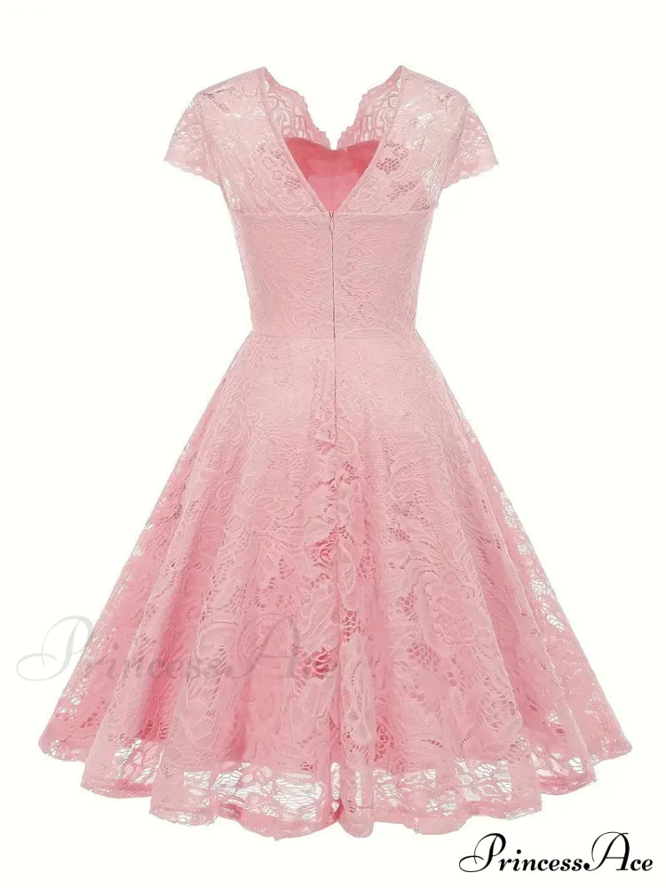 Black V Neck Cap Sleeve A Line Dress For Parties M / Pink Black Lace Party Dress