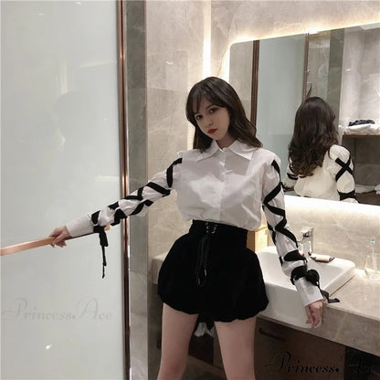Blous Top Womens Spring Long Ribbons Arm Casual Black Stitching Office Blouse Lady