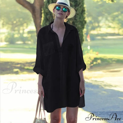 Blouse - Long Cotton Arm Kimono Woman’s Coastal White Casual Cover Up Black / One Size