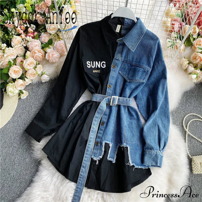 Blouse Patchwork - Plaid Jeans Long Women’s With Autumn Arm Elegant Design Slim Dress
