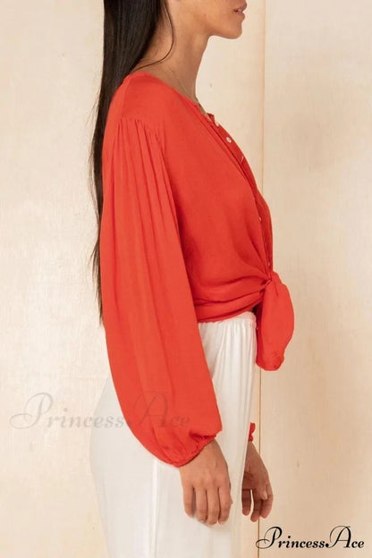 Blouse With Lace-Up Red Buttons Design Tops