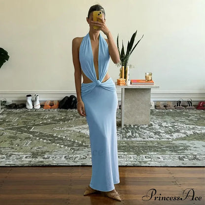 Blue Deep Slit Charming Neck Pleated Maxi Dress Long