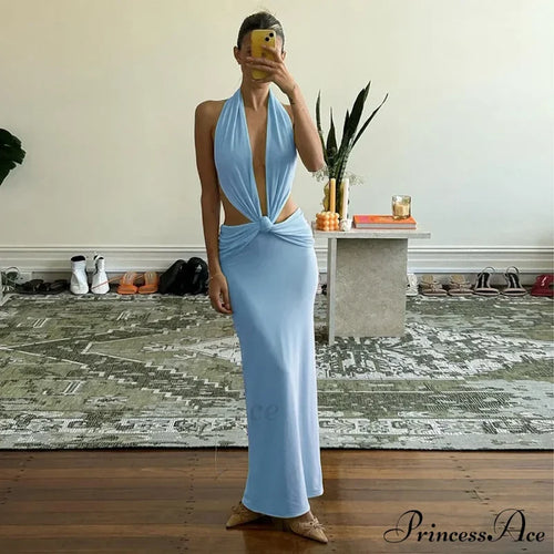 Blue Deep Slit Charming Neck Pleated Maxi Dress Long