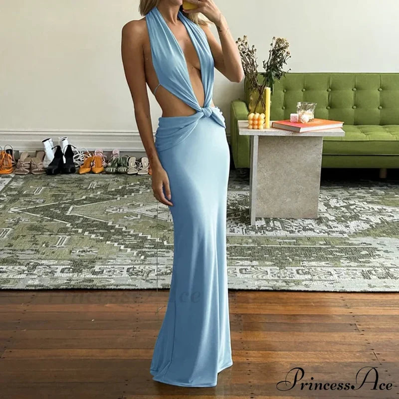 Blue Deep Slit Charming Neck Pleated Maxi Dress Long