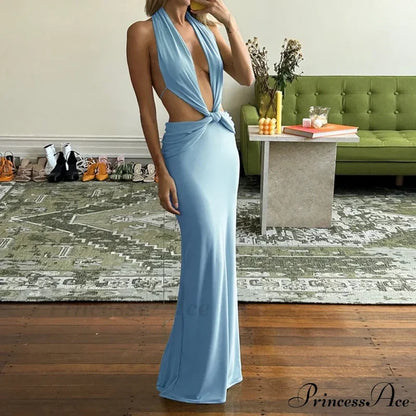 Blue Deep Slit Charming Neck Pleated Maxi Dress Long