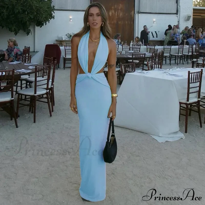 Blue Deep Slit Charming Neck Pleated Maxi Dress Long