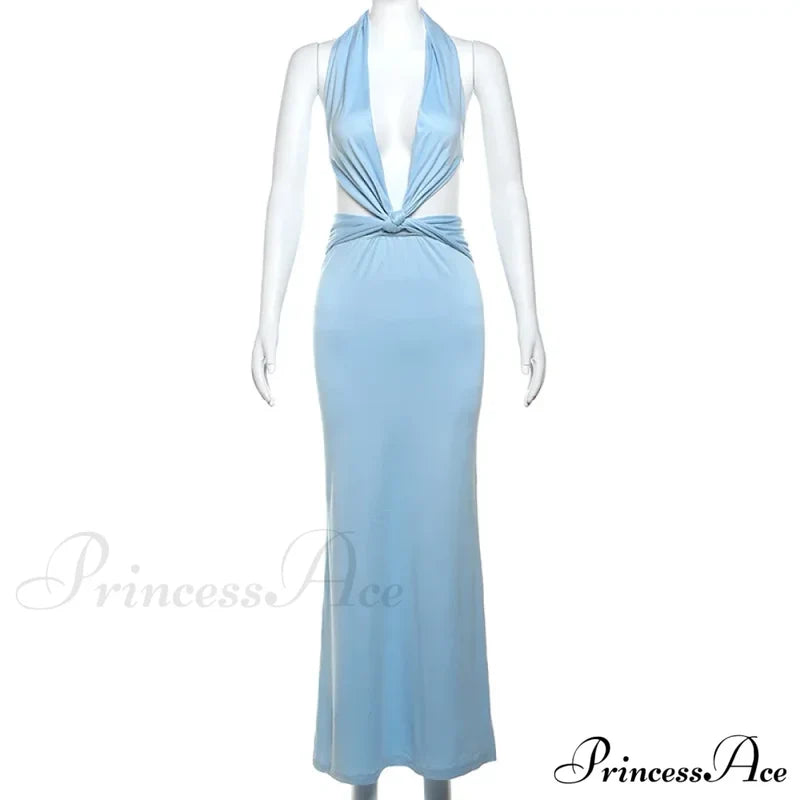 Blue Deep Slit Charming Neck Pleated Maxi Dress Long