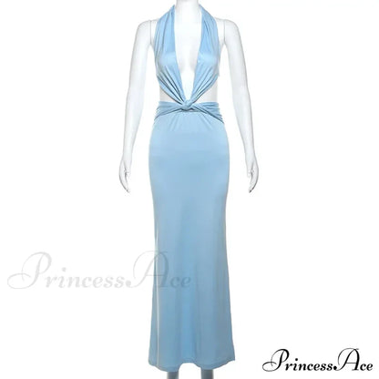 Blue Deep Slit Charming Neck Pleated Maxi Dress Long