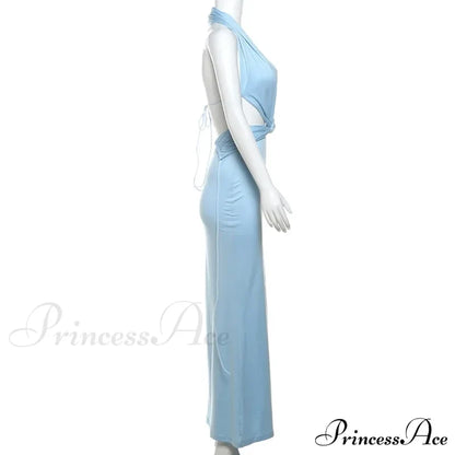 Blue Deep Slit Charming Neck Pleated Maxi Dress Long
