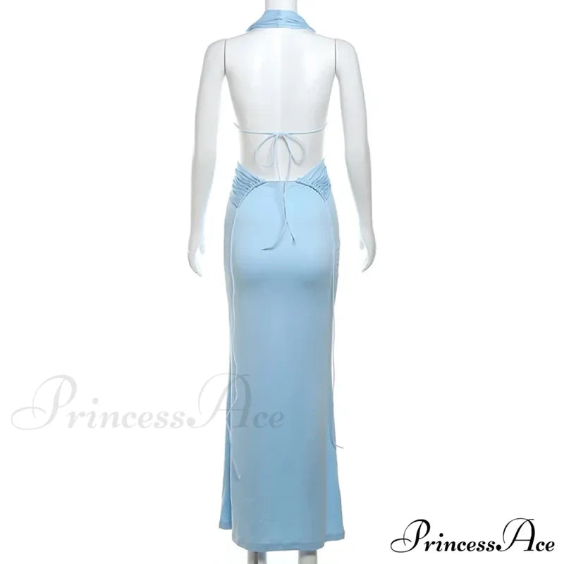 Blue Deep Slit Charming Neck Pleated Maxi Dress Long