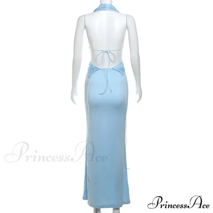 Blue Deep Slit Charming Neck Pleated Maxi Dress Long