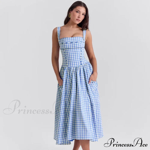 Blue Gingham Stylish Strap Midi Dress