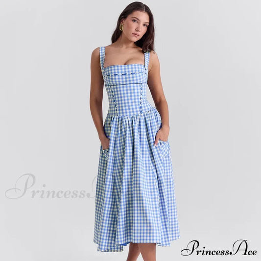 Blue Gingham Stylish Strap Midi Dress