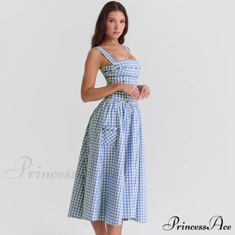 Blue Gingham Stylish Strap Midi Dress