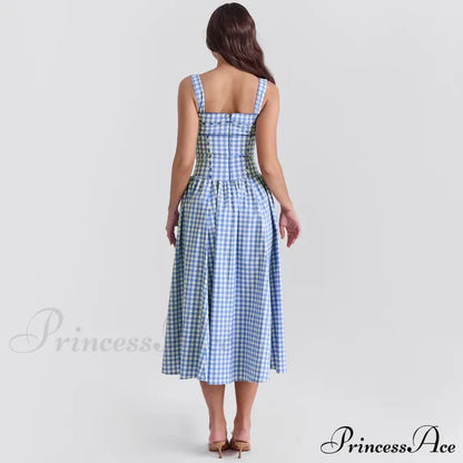 Blue Gingham Stylish Strap Midi Dress