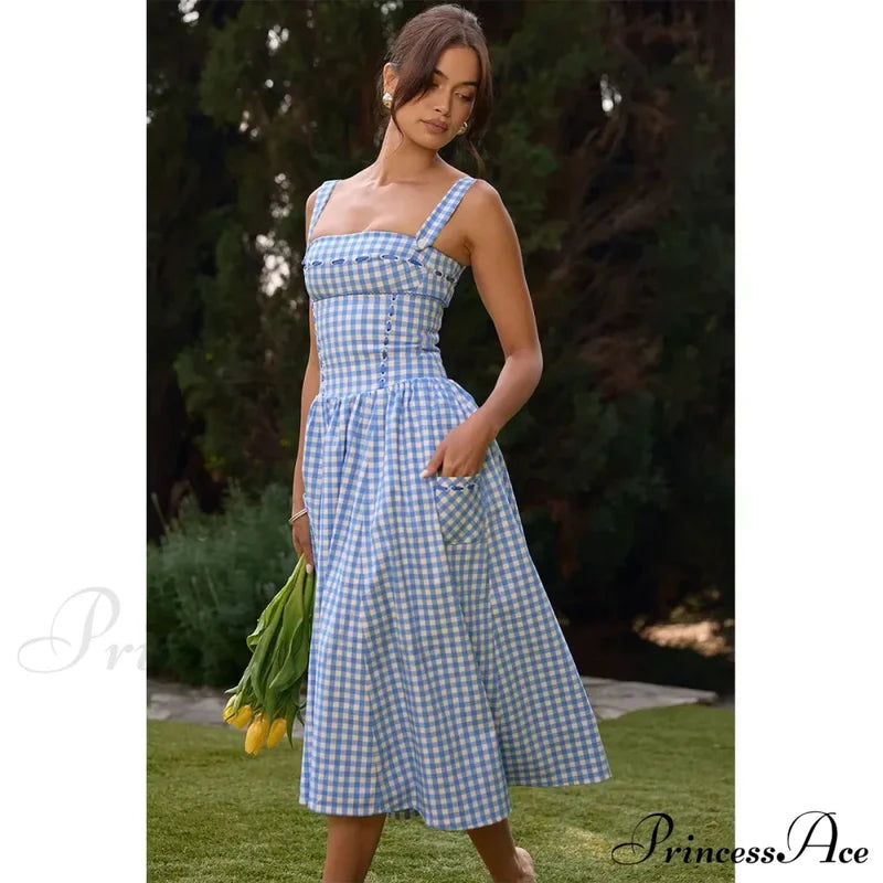 Blue Gingham Stylish Strap Midi Dress