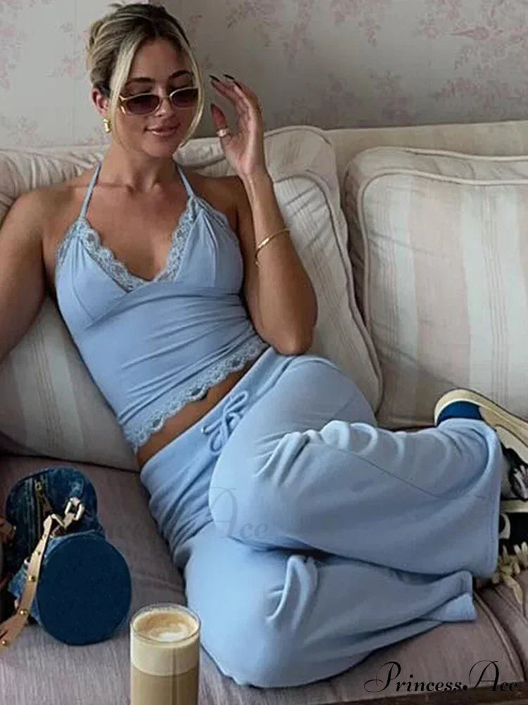 Blue Halter Crop Top Graceful And Flare Pants Set Pant Suits