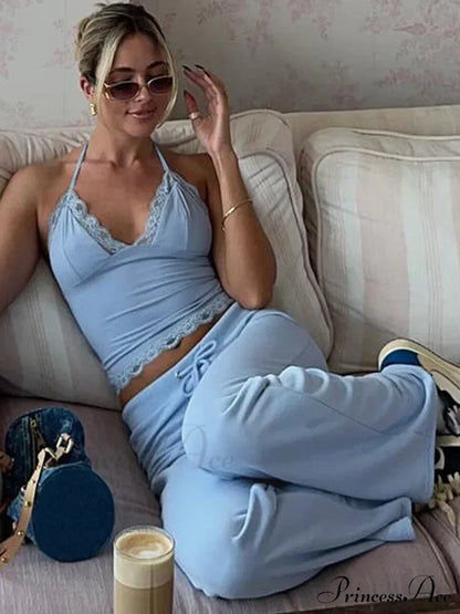 Blue Halter Crop Top Graceful And Flare Pants Set Pant Suits