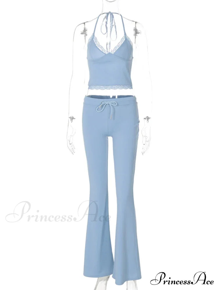 Blue Halter Crop Top Graceful And Flare Pants Set Pant Suits