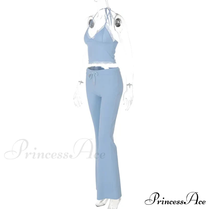 Blue Halter Crop Top Graceful And Flare Pants Set Pant Suits