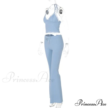 Blue Halter Crop Top Graceful And Flare Pants Set Pant Suits