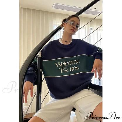 Blue Letter Stylish Print Sweatshirt