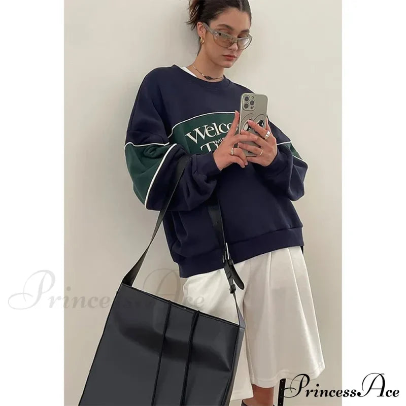 Blue Letter Stylish Print Sweatshirt