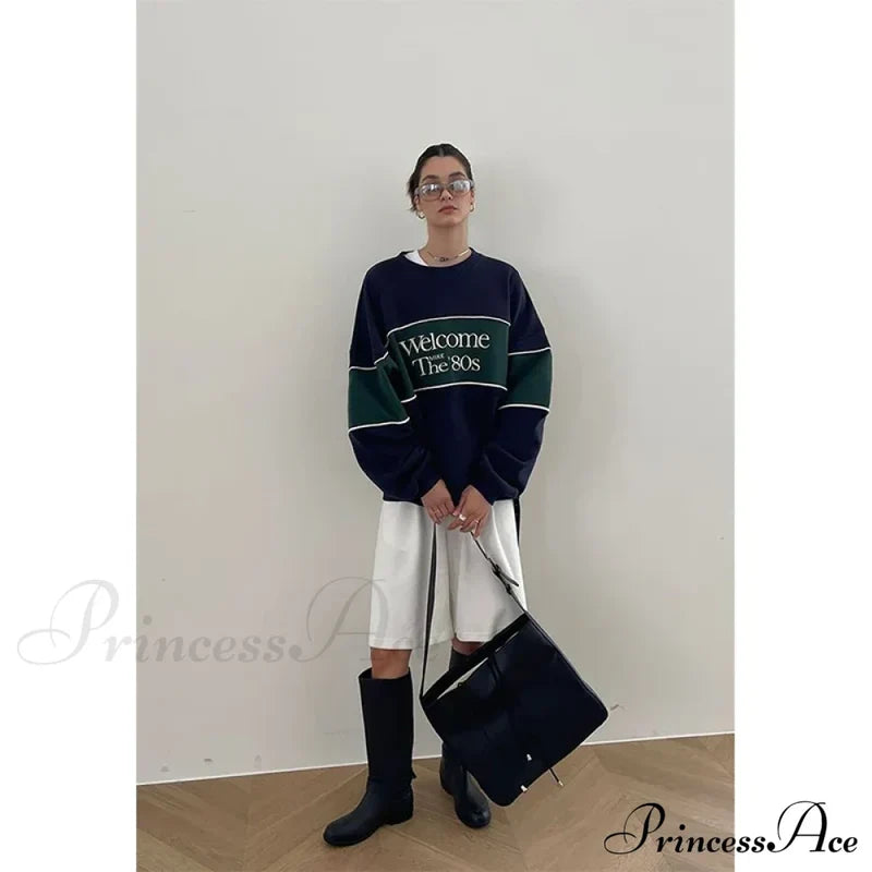 Blue Letter Stylish Print Sweatshirt