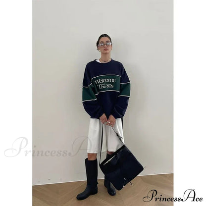 Blue Letter Stylish Print Sweatshirt