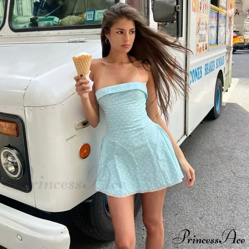 Blue Strapless Polka Charming Dot Mini Dress Tube