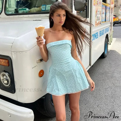 Blue Strapless Polka Charming Dot Mini Dress Tube