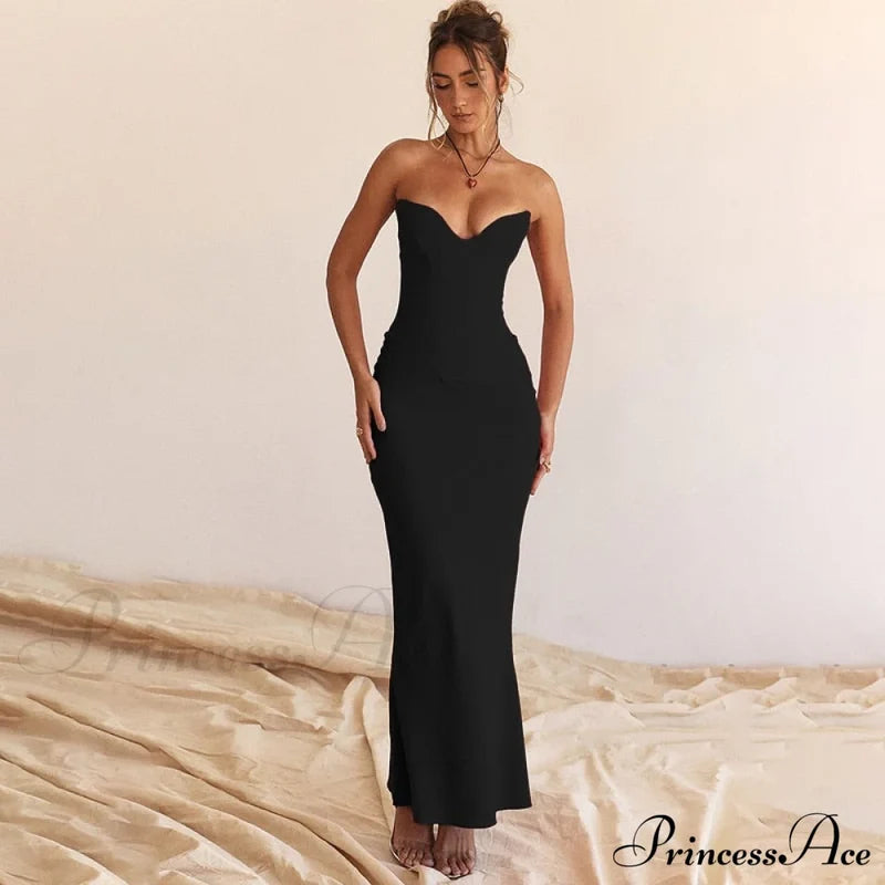 Bodycon - Off-Shoulder Fishbone Party Gown Club For Strapless Elegant Full-Length Women Night Black