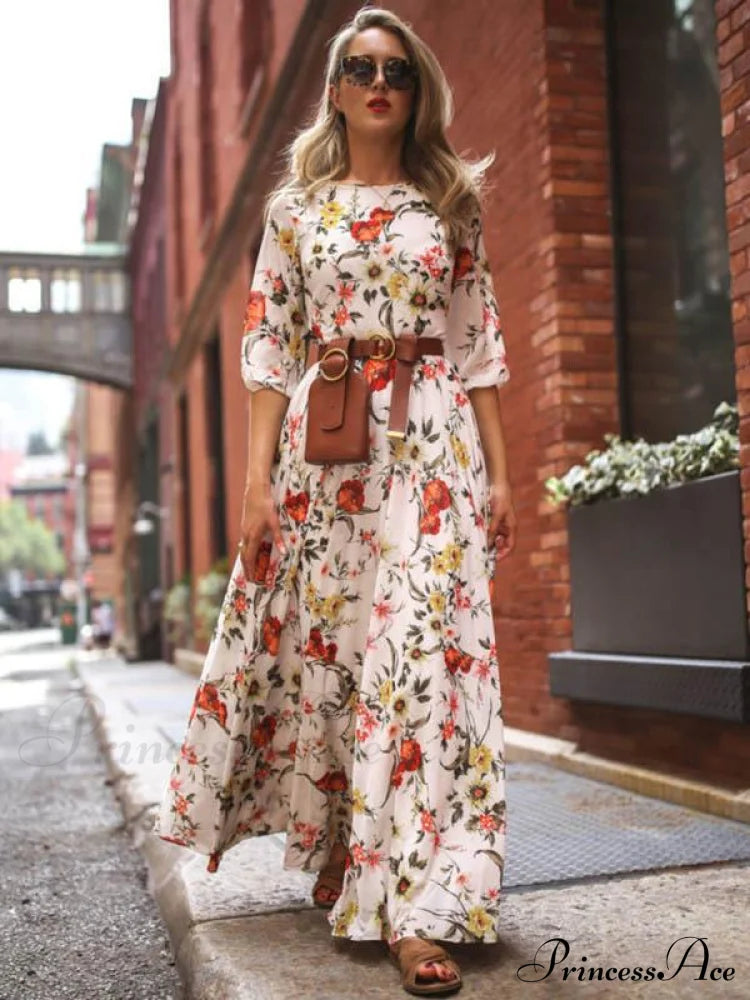 Bohemia Gown Full-Length Neck Half With Round And Flowered Sleeves S / White Dresses