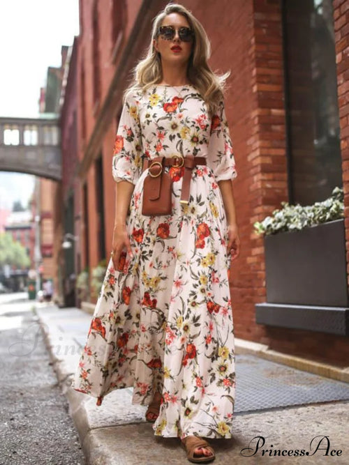 Bohemia Gown Full-Length Neck Half With Round And Flowered Sleeves S / White Dresses