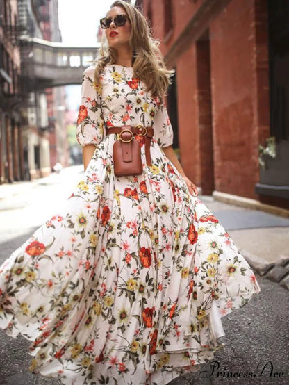 Bohemia Gown Full-Length Neck Half With Round And Flowered Sleeves S / Green Dresses