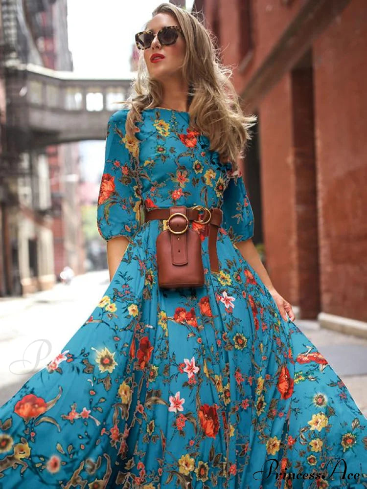 Bohemia Gown Full-Length Neck Half With Round And Flowered Sleeves S / Blue Dresses