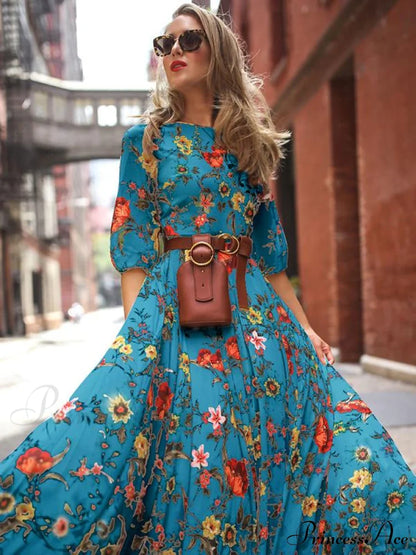 Bohemia Gown Full-Length Neck Half With Round And Flowered Sleeves S / Blue Dresses