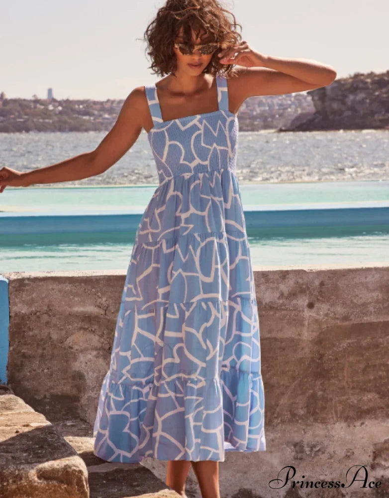 Bohemian Strapless Women Summer A-Line Print Beach Long Dress L / Blue Dresses