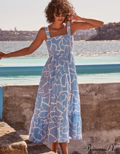 Bohemian Strapless Women Summer A-Line Print Beach Long Dress L / Blue Dresses
