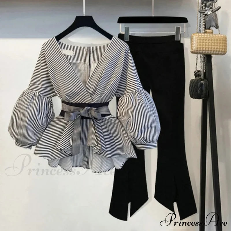 Spring Women’s Bow Pants Lantern Flare Black + Striped Split Warm-Season Blouse Arm Set 2Pcs Set / S