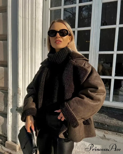 Brown Faux Leather Charming Black Lining Fur Jacket