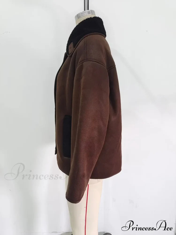 Brown Faux Leather Charming Black Lining Fur Jacket