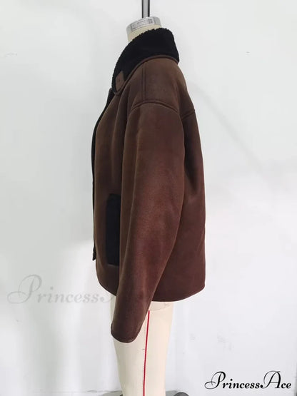 Brown Faux Leather Charming Black Lining Fur Jacket