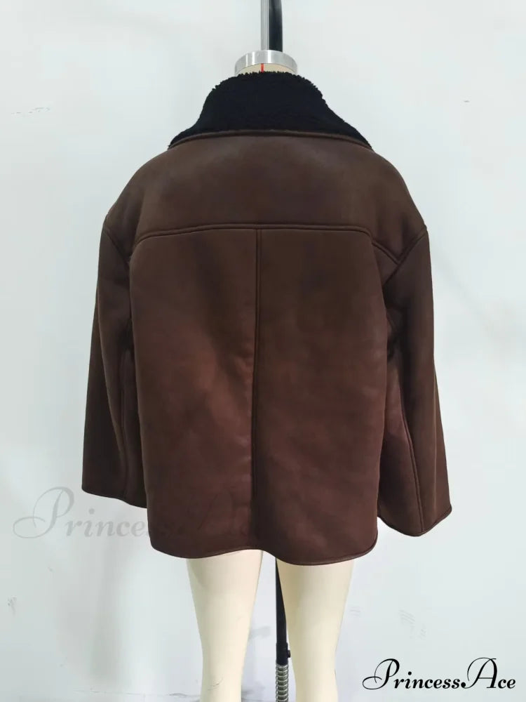 Brown Faux Leather Charming Black Lining Fur Jacket