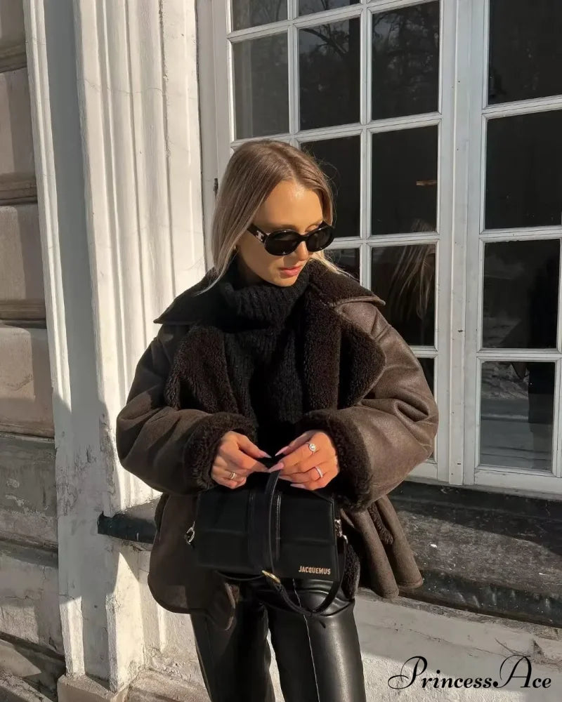 Brown Faux Leather Charming Black Lining Fur Jacket