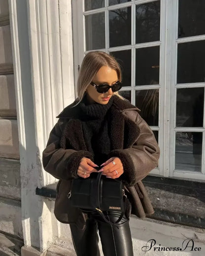 Brown Faux Leather Charming Black Lining Fur Jacket